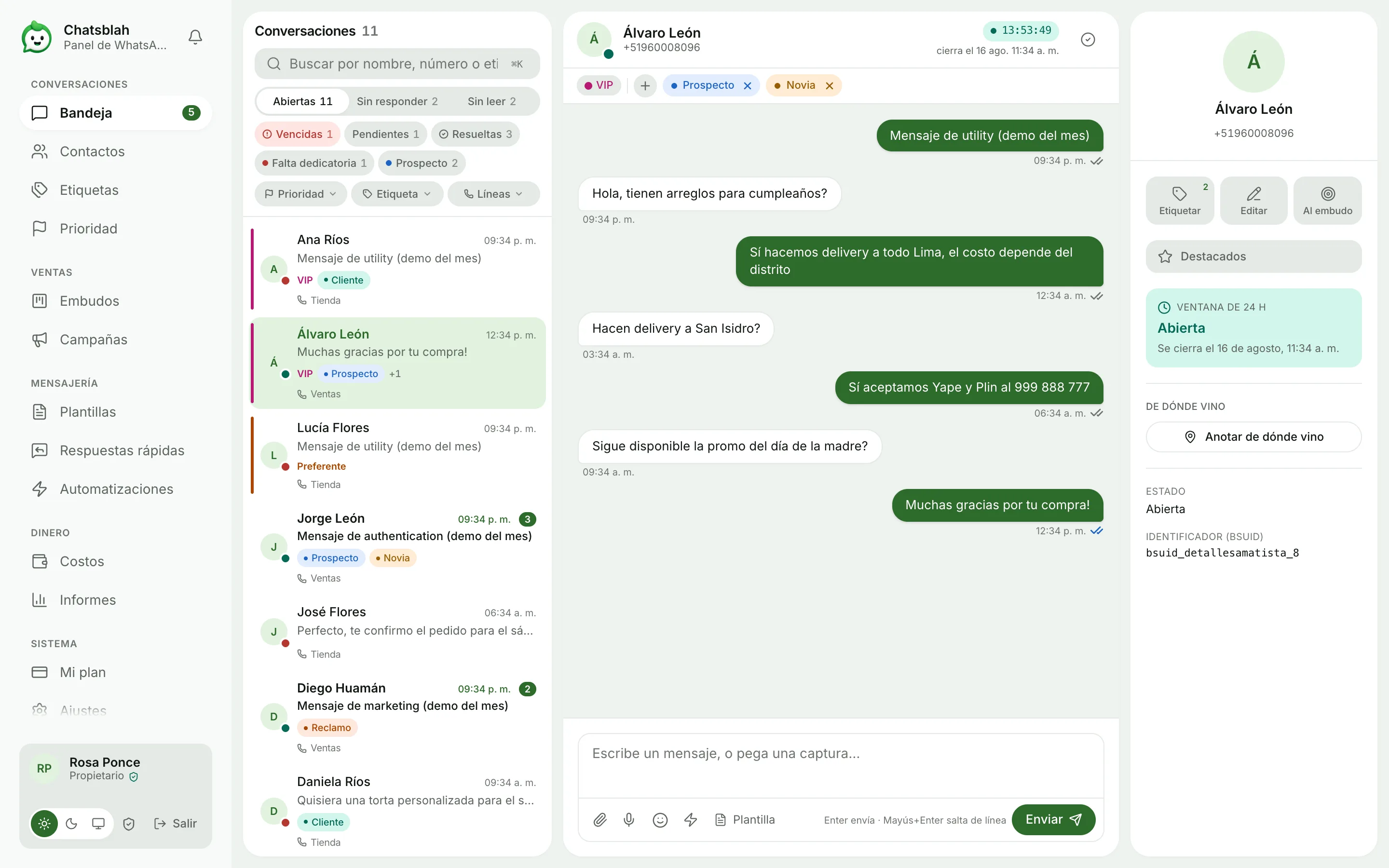 La bandeja compartida de Chatsblah con datos de ejemplo